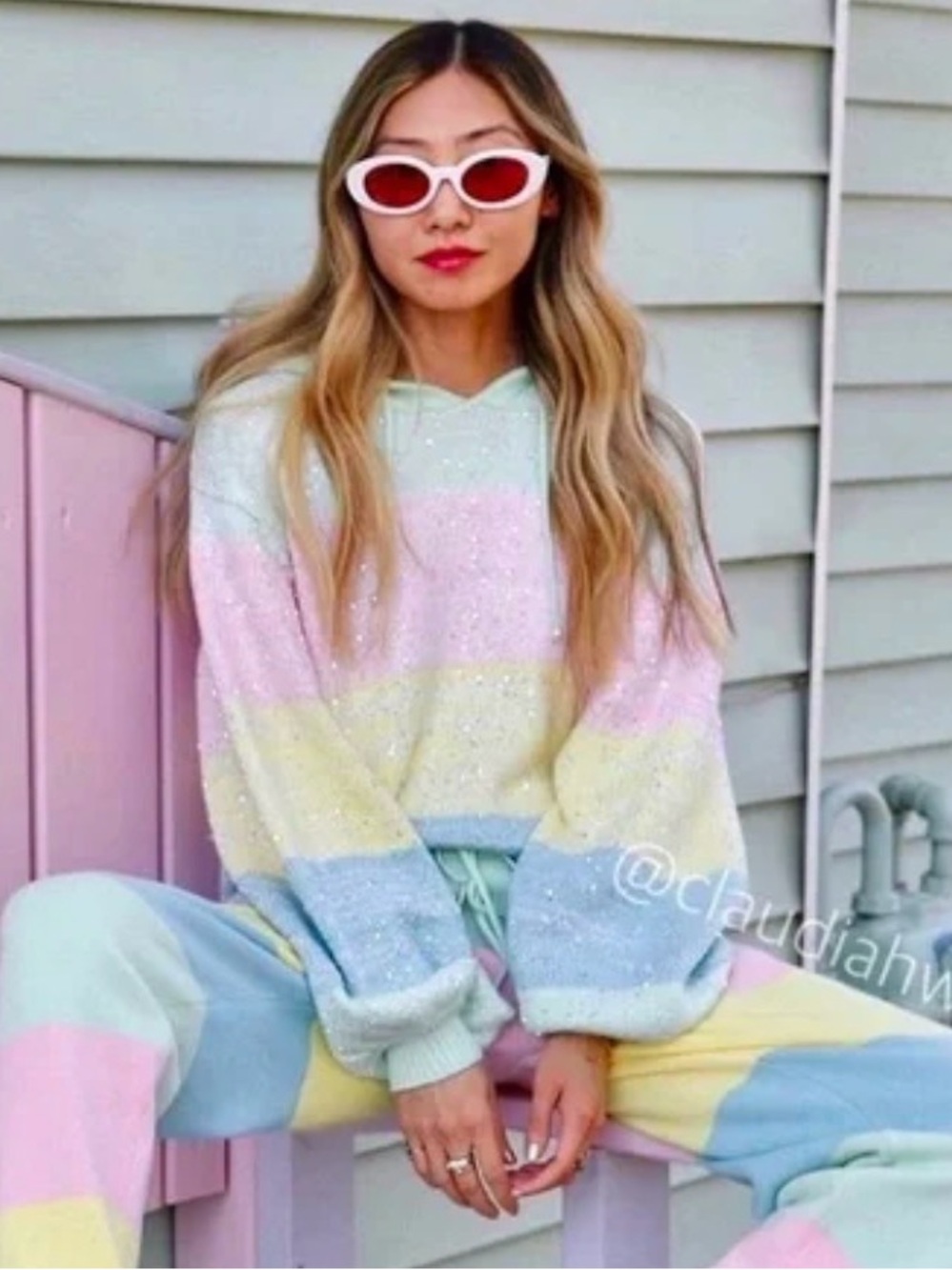 Olivia Rubin Suki Knitted Hoodie in "Pastel Stripe", M